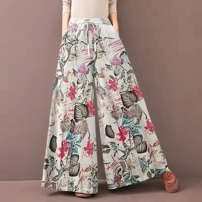 2025 frühling Sommer Floral Print Breite Bein Hosen Frauen Kordelzug Böhmen Hosen Asual Lose Beiläufige Elastische Taille Pantalon Damen