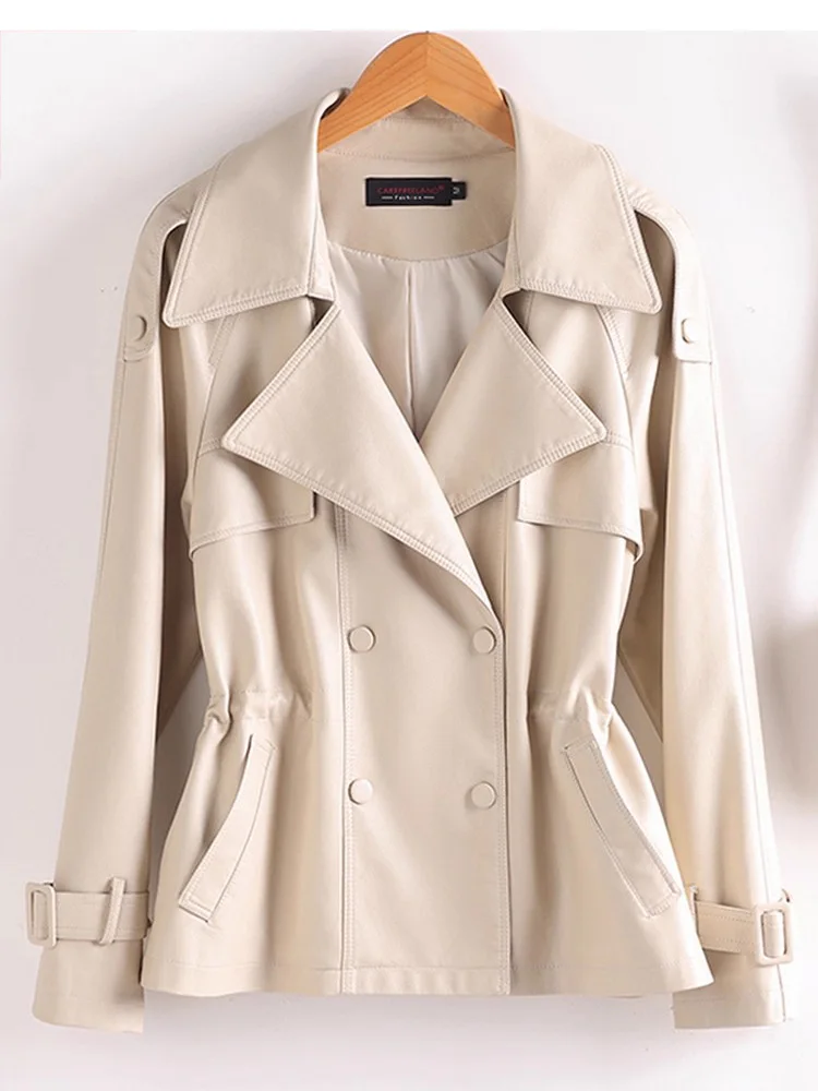 جديد إمرأة خمر معطف جلد سبليت الخريف الشتاء بدلة على الموضة طوق الرباط الخصر النحيف قصيرة خندق معطف سترة عادية #3