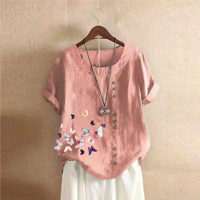 Women's Summer Retro Casual Loose Cotton Linen Short Sleeved T-shirt Female Butterfly Printed Round Neck Pullover Shirt Blouse