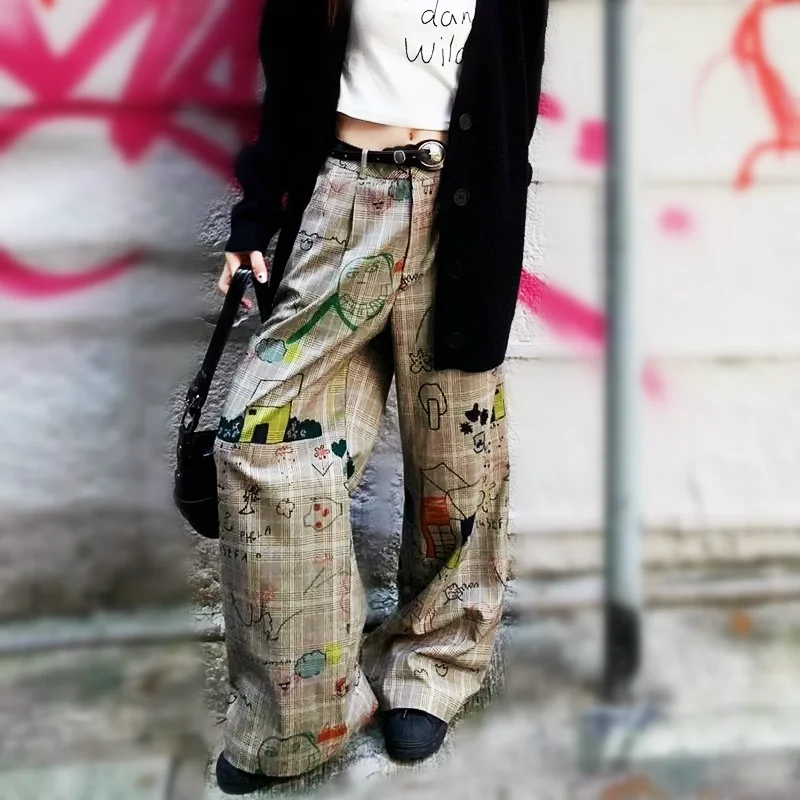 

Spring Autumn Women Plaid Casual Big Leg Pants Trousers Cartoon Cute Graffit Printed Pants Long Trousers Young Lady Pants NZ29