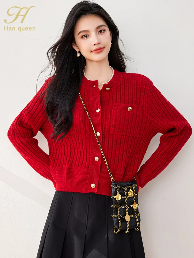 H Han Queen Autumn Winner Loose Long Sleeve Top Christmas Sweaters Elegant Simple Vintage Casual knitted Cardigan Sweater Female