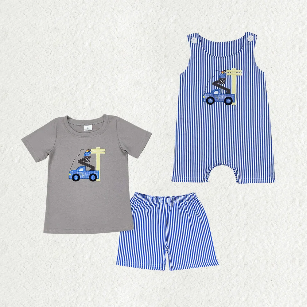 

BSSO0631 Wholesale Matching rompers baby boy clothes embroidery short sleeve shorts sets Summer Boutique kids clothes boy sets