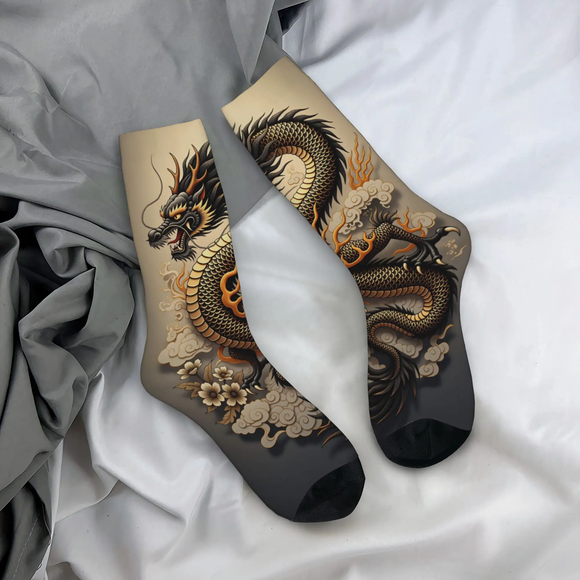 Dragon Pattern Socks  Gothic Stockings Men's Warm Soft Outdoor Sports Socks Autumn Graphic Anti Skid Socks