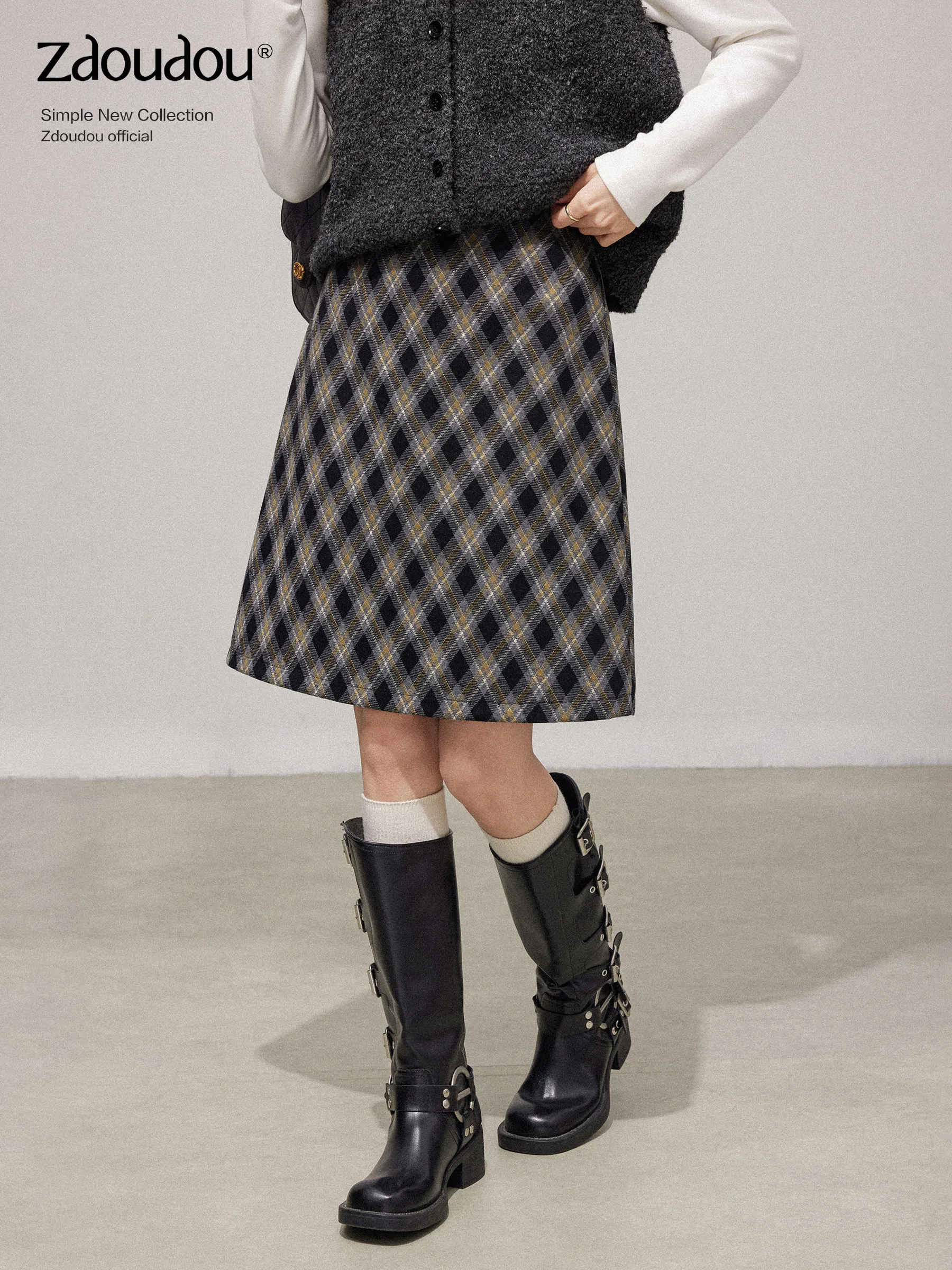 

High Waist Plaid Skirt Women's Autumn Winter New Style Retro Color Block A-Line Straight Cut Slimming Skirt Casual Wear