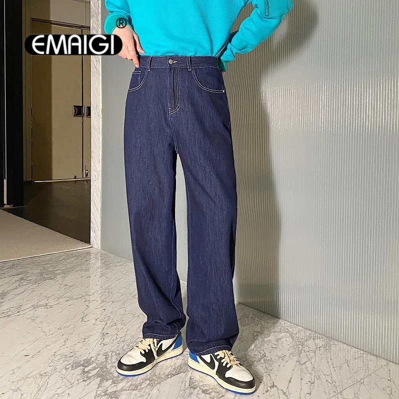 

Men Dark Blue Casual Straight Jeans Japan Korean Streetwear Fashion Vintage Hip Hop Loose Casual Denim Pants Man Jeans Trousers