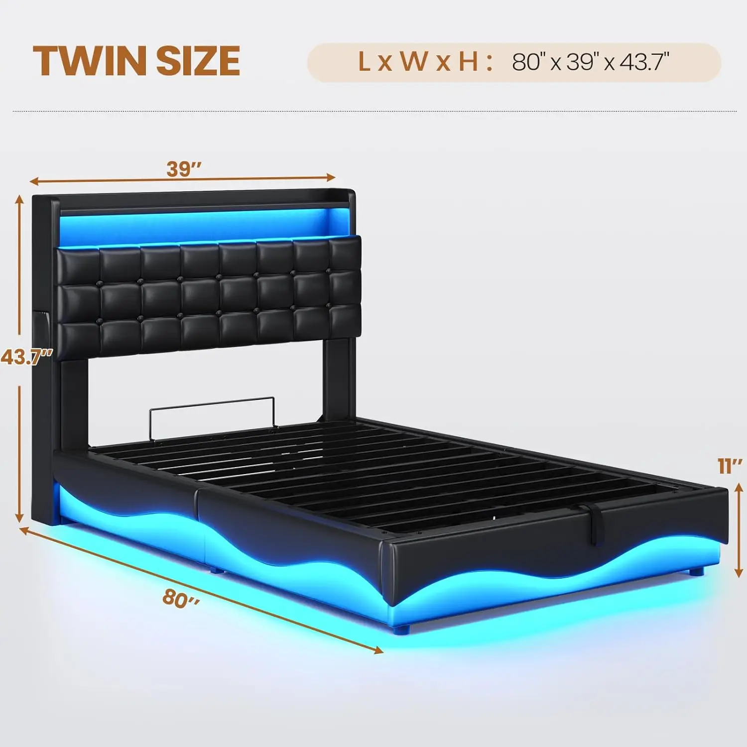 Bed Frame Twin Size W/ Lift Up Storage, Power Outlet & RGB Lights,Upholastered Storage , Twin Boys Bed W/ Heavy Duty Steel Slats