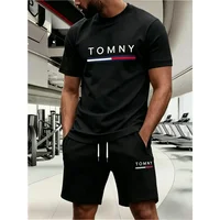 men's sports suit summer fashion street short sleeved sports suit trendyprinted pattern embellishmentThree colors to choose from 3