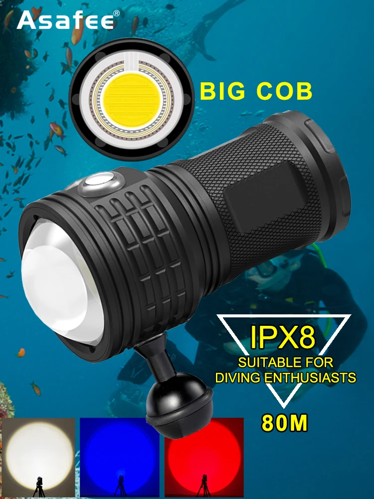 Asafee DRC01 COB LED 6000LM 80M Underwater Diving Flashlight White Red Blue 80° Light 500M Range Torch IPX8 Waterproof Lantern