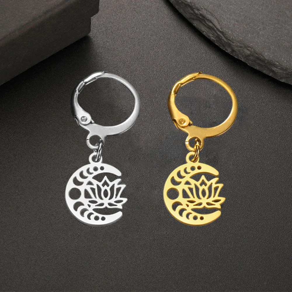 COOLTIME Moon Phase Lotus Earring Stainless Steel Crescent Tree Goddess Celtic Knot Yoga OM Pendant for Women Vintage Jewelry