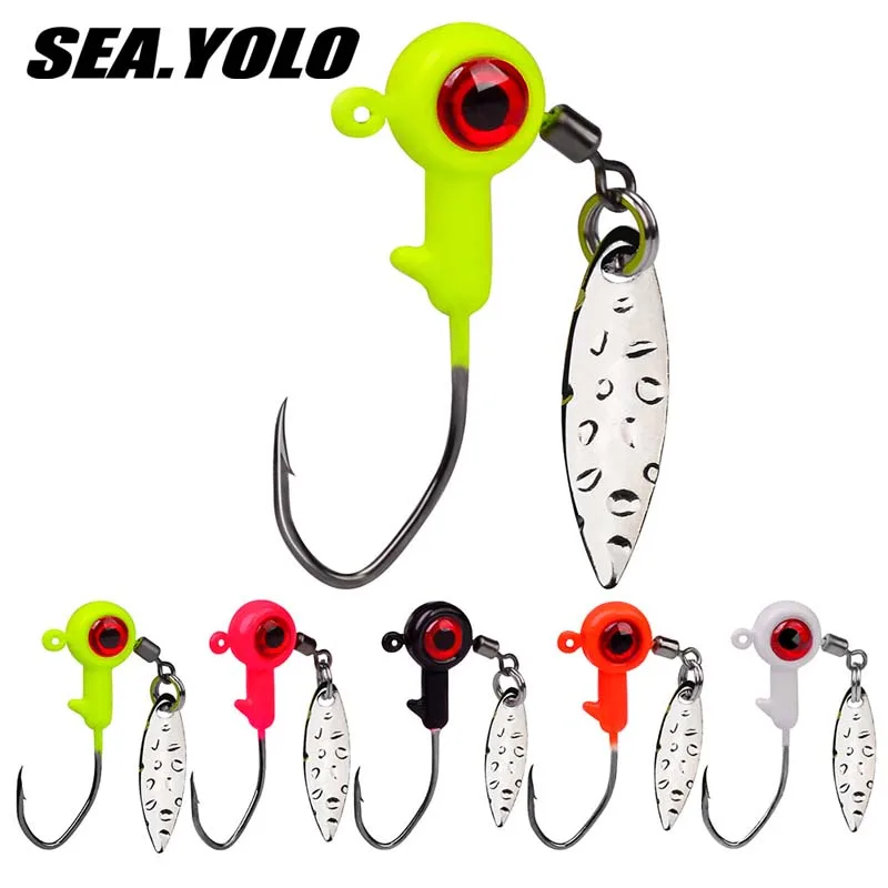 

Sea.Yolo 5pcs/pack 1.4g/1.6g/3g Fish Head Hook Fishing Hook Rotating Sequins Jig Large Eye Lead Head Hook Ocean Fishing