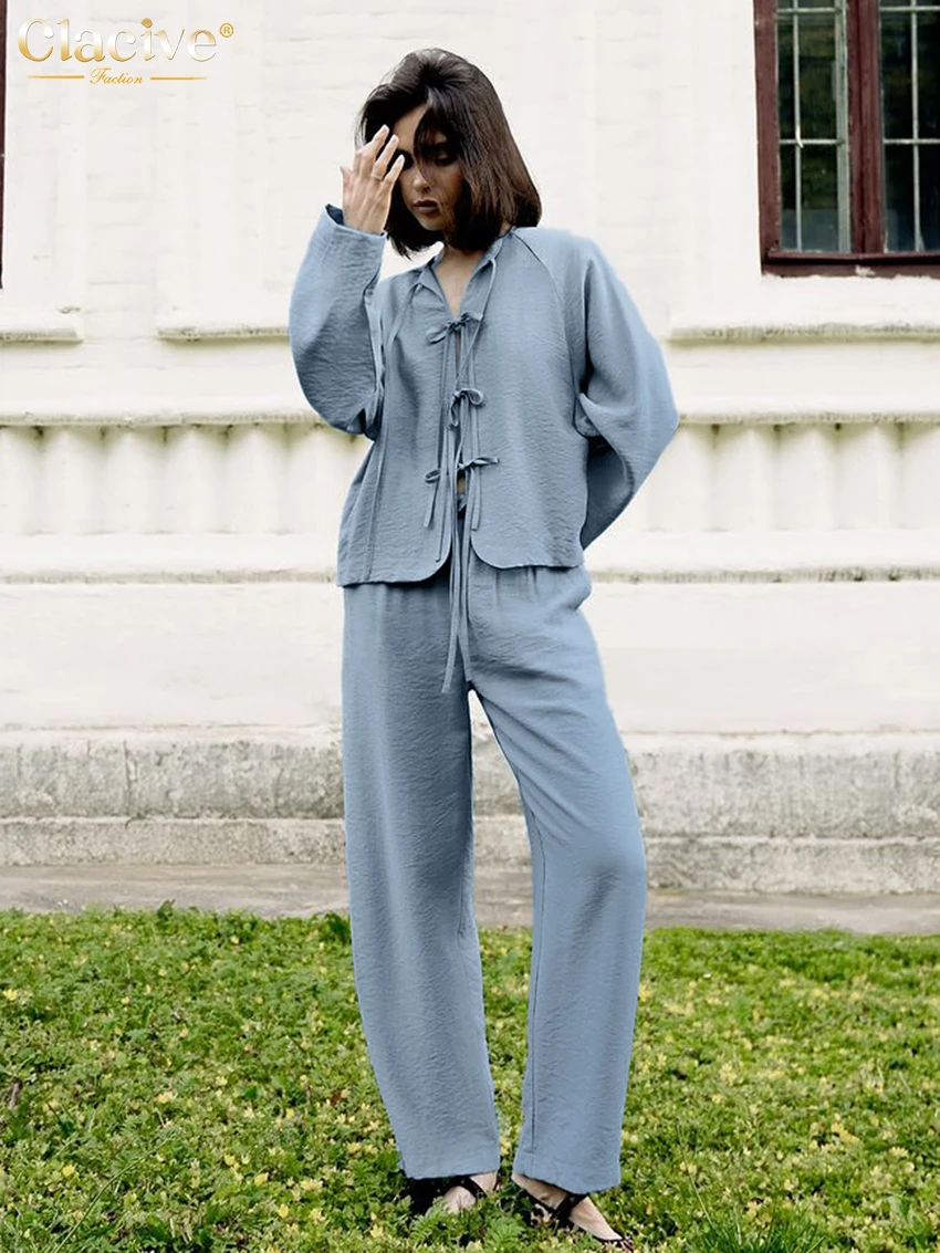 

Clacive Fashion Loose Blue Trousers Sets For Women 2 Pieces 2024 Elegant LongC Sleeve Shirt With High Waist Pants Set Streetwear