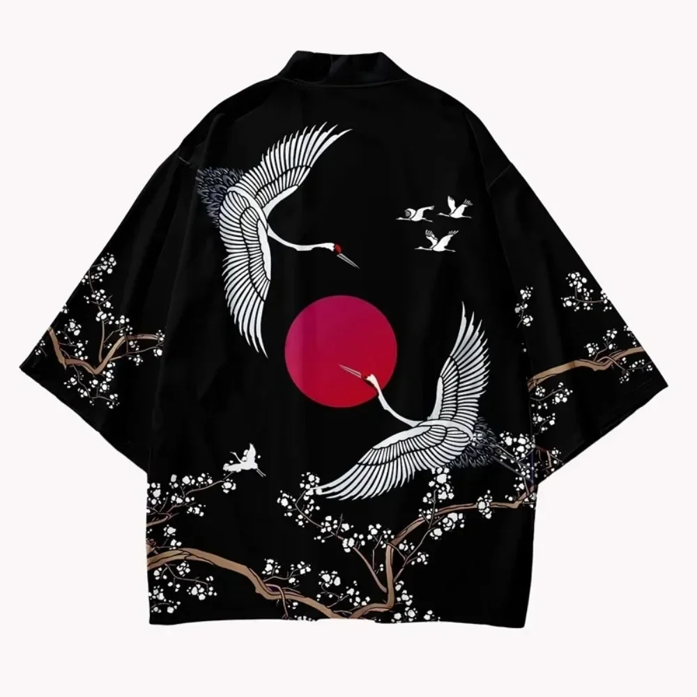 

Crane Pattern Print Kimono Cardigan Traditional Men Women Harajuku Yukata Top Japanese Haori Samurai Cosplay Streetwear Clothing