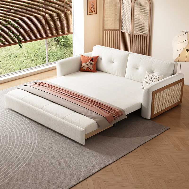 أريكة سرير خشبية صلبة جديدة على الطراز الصيني ثنائي الغرض متكامل تلسكوبي شقة صغيرة متعددة الوظائف أريكة منزلية قابلة للطي