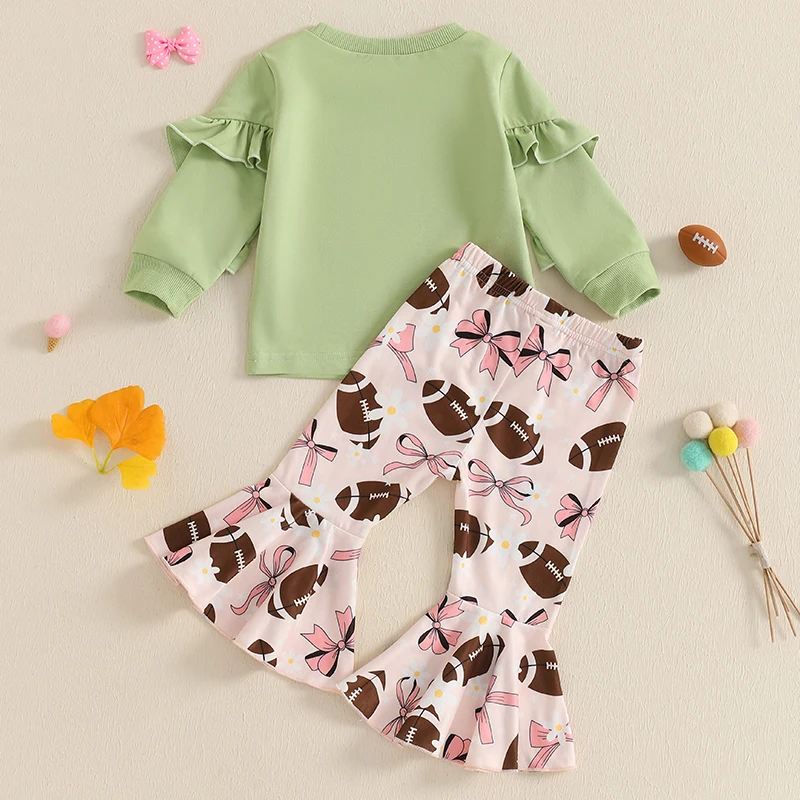 Kid Baby Girls Pants Set Long Sleeve Bow Flower Print Sweatshirt with Rugby Print Flare Pants Children's Clothing Set