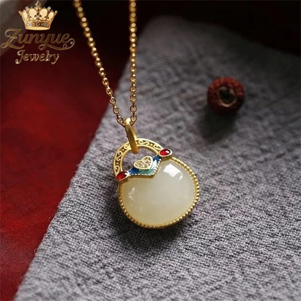 

Natural Hetian Jade Gilded Colored Bag Necklace Pendant Luxury Quality Jewelry Fashion Jewelry Charms Exquisite Popular Elegant