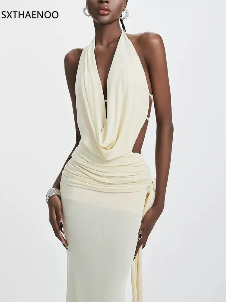 SXTHAENOO Spliced Backless Bodycon Dresses Women Halter Neck Sleeveless Patchwork Sheer Sexy Folds Evening Midi Dress Female