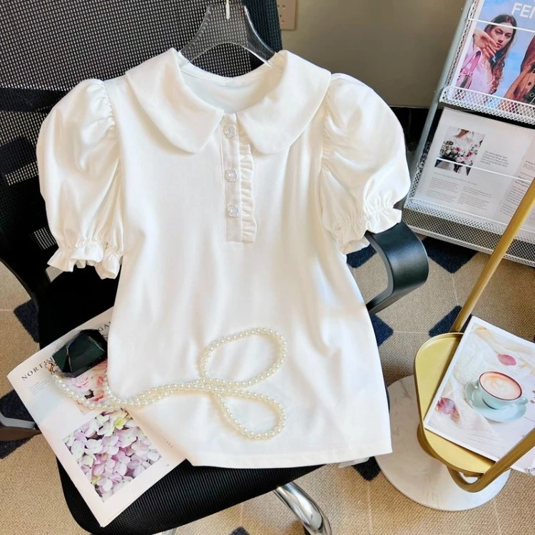 

Простые топы с воротником Питера Пэна большого размера Mujer, новинка лета 2025, белая футболка для женщин Y2k, свободная футболка с короткими рукавами для электронных девочек