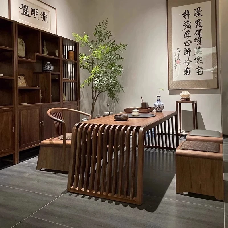 New Chinese black walnut tea table Song style aesthetic balcony solid wood kung fu dry brew tea table