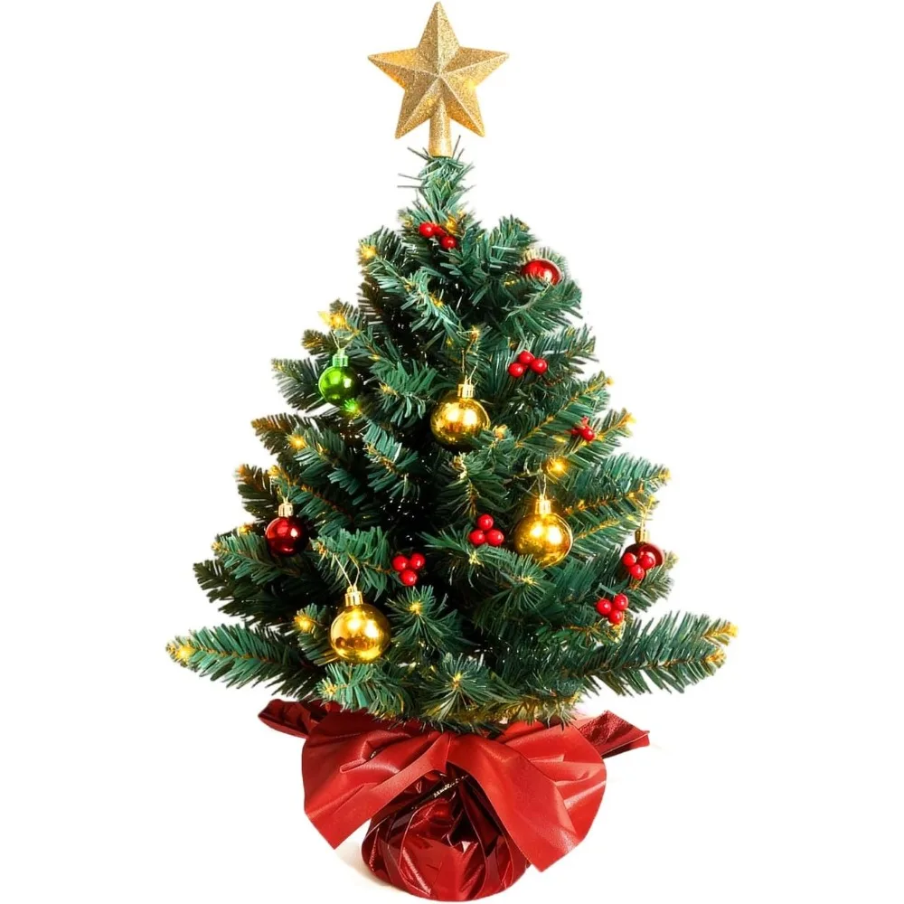 شجرة صنوبر صناعية صغيرة مقاس 24 بوصة لعيد الميلاد مع أضواء LED وحلي زخرفية لعرض عطلة الطاولة