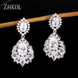 ZAKOL Luxurious Wheat Chokers Dangle Earrings for Women Exquisite Blue Cubic Zirconia Earring Bridal Wedding Party Jewelry