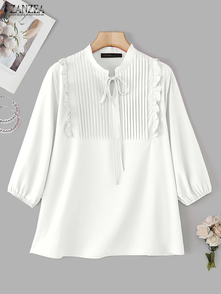 ZANZEA блузка с рукавом 3/4, женская блузка на шнуровке, модные топы с рюшами, мода 2025 года, однотонная туника с v-образным вырезом, повседневный плиссированный пуловер