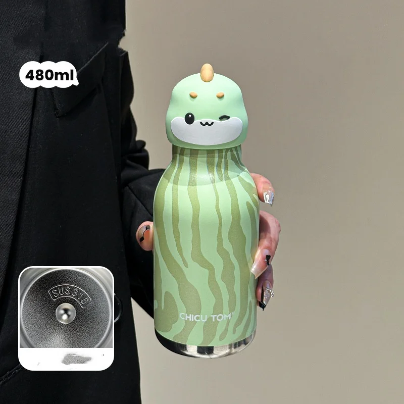 Kids Cute Animal Thermos 480ml Stainless Steel Straw Water Bottle For School Outdoor Travel