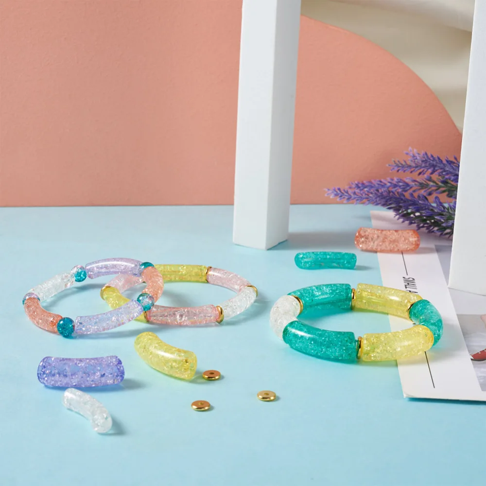 160Pcs Acrylic Curved Tube Beads Stretch Bracelet Brass Spacer Bead Elastic Thread For Women Bracelet Bangle DIY Jewelry Making