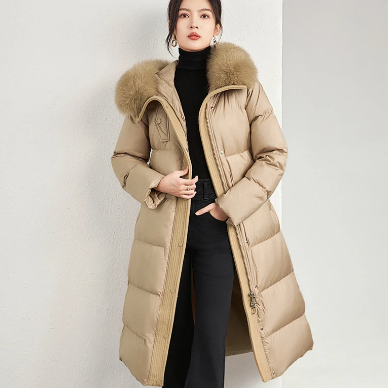 Women\'s Puffer Coats Winter New Outerwears White Goose Down Large Fur Collar Thick Parker Simple Slim Belt Elegant Down Jackets