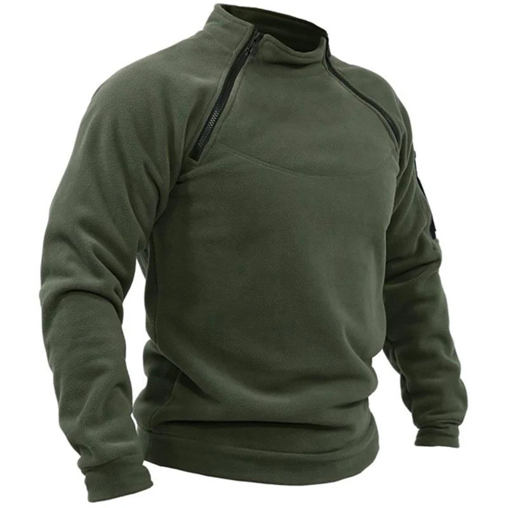 Winter Men's Standing Collar Fleece Pullover Solid Color Tactical Outdoor Jacket Hunting Clothes Zippers Windproof Thicken Coat