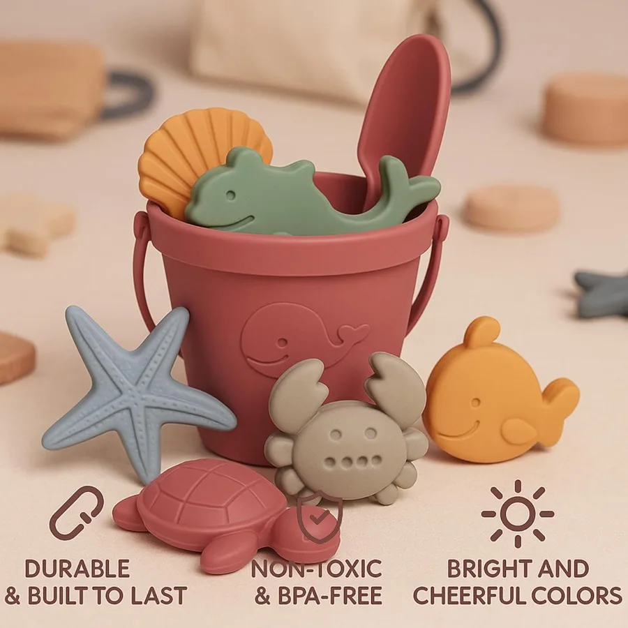 Silicone Beach Toys for Toddlers Travel Friendly Sand Toys for Babies 612 Months Collapsible Beach Bucket and Shovel Set with 6