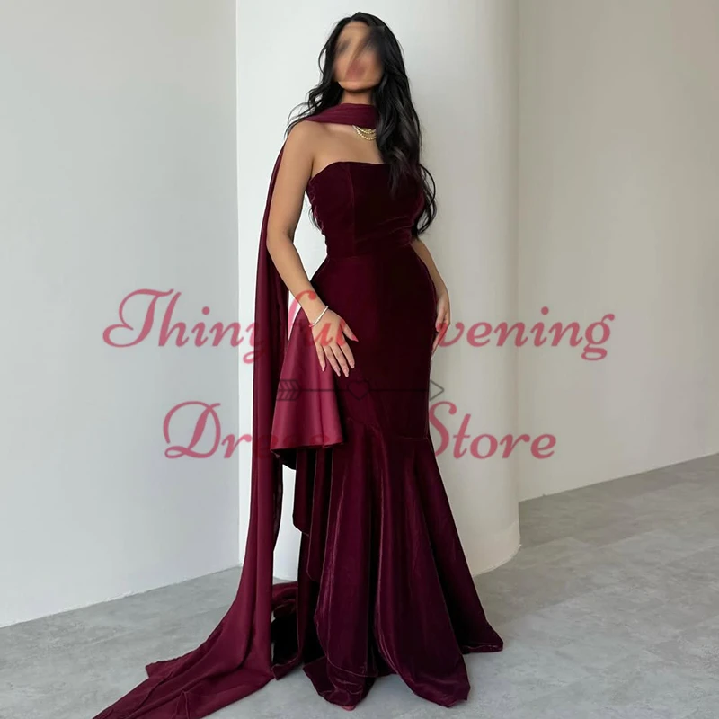 Thinyfull Sexy Mermaid Prom Evening Dresses Saudi Arabia Velvet Strapless Long Party Dress Night Cocktail Prom Gowns Customized