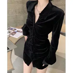 Hong Kong Style Retro Black Velvet Shirt Women's Autumn New Design Pleated Slim Fit Temperament Long Sleeved Top