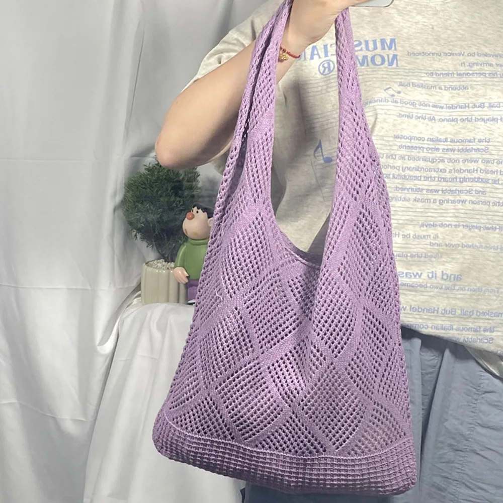 Fashion Washable Hollow Knit Tote Bag Foldable Casual Woven Shopping Bag Large Capacity Simple Reusable Grocery Bag Summer