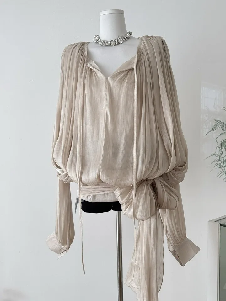 

Elegant Long Sleeve Women's Chiffon Shirt Spring 2026 New Sun Protection Waist Belt Versatile Top French Style Loose Fit Poly...