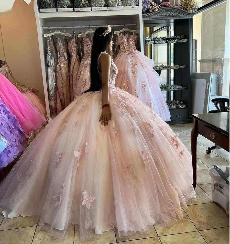 Pink Princess Quinceanera Dresses Ball Gown Spaghetti Straps Appliques Sweet 16 Dresses 15 Años Mexican