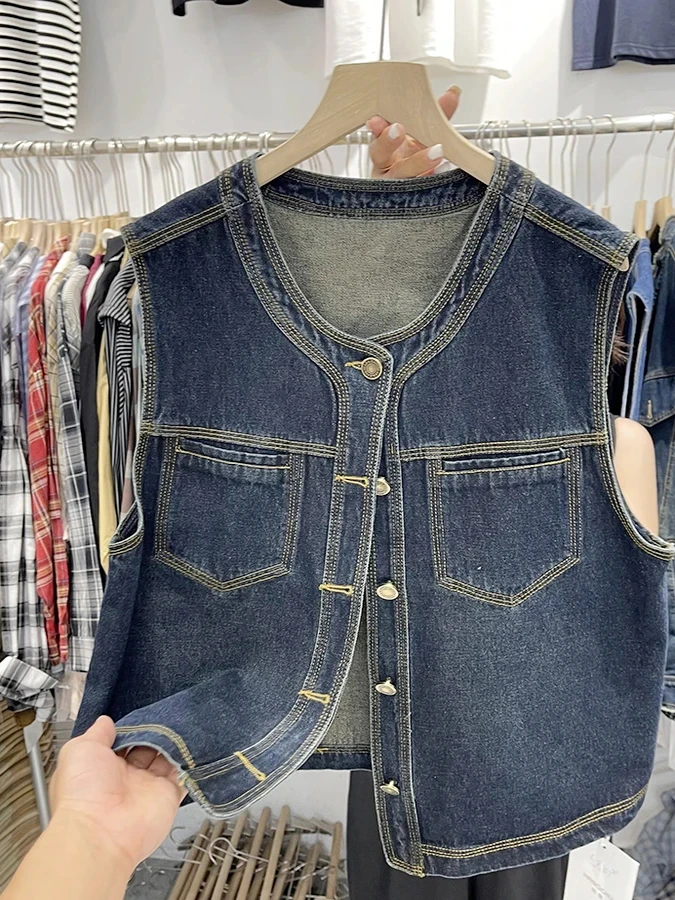 

Retro Denim Vest Women's Autumn Quali Cotton Loose ort Slim Svel Open Cardigan Vest Top Outerwear