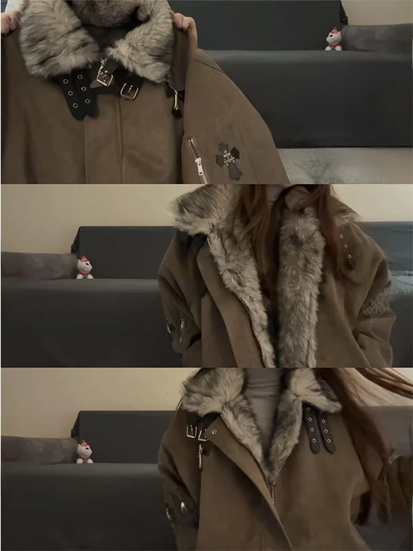 

Ретро-куртка в американском стиле с меховым воротником и вышивкой крестиком, женская, осенне-зимняя, утепленная, из хлопка, в нейтральном стиле