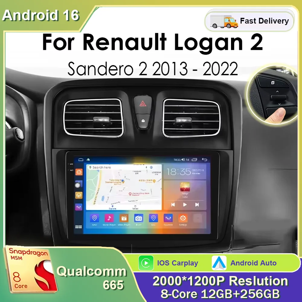Radio para Auto Android 16 para Renault Logan 2 Sandero 2014 - 2019 GPS Multimedia 2 din Sistemas Inteligentes Estéreo Auto Vídeo
