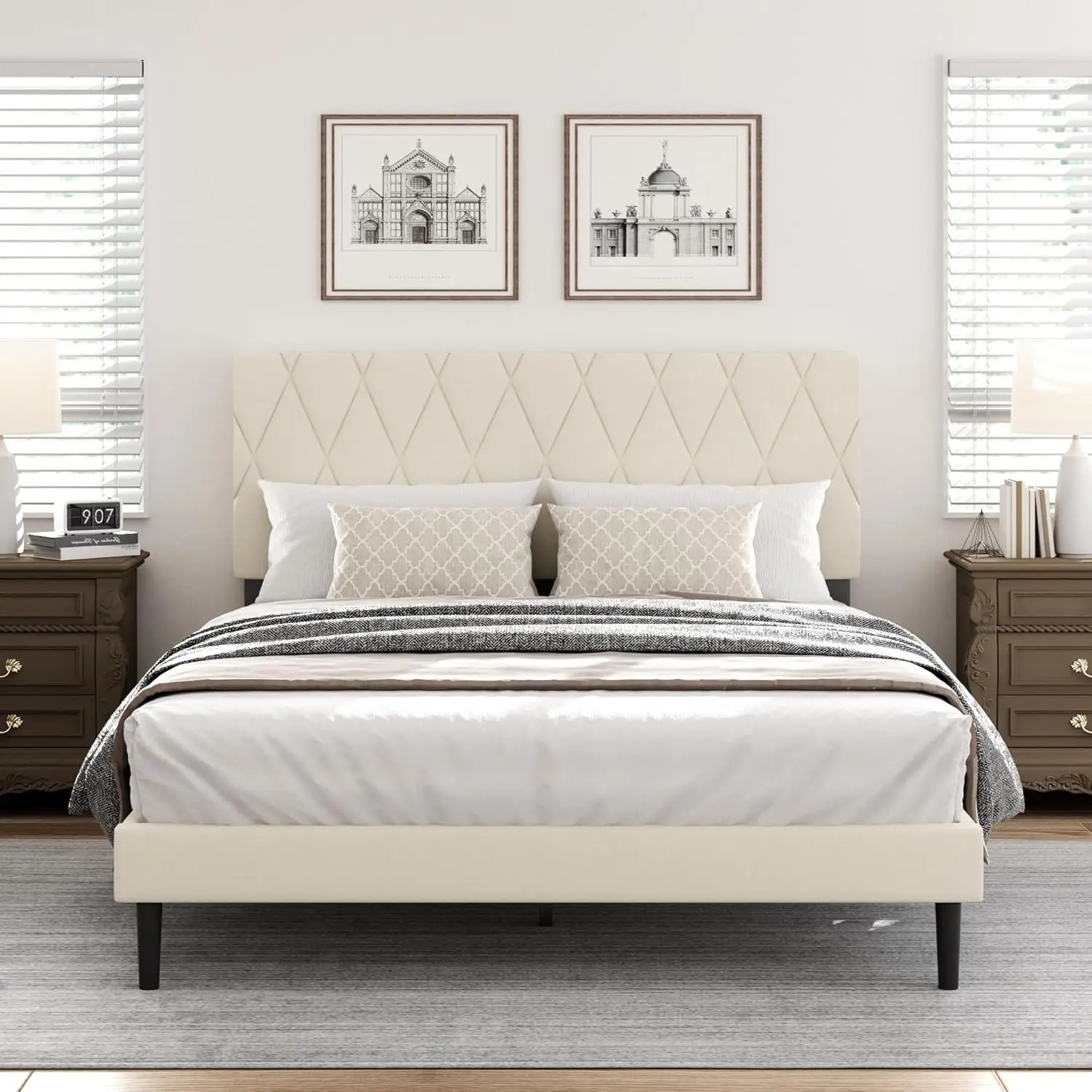 

Large Bed Frame with Diamond Cluster Headboard, Velvet Cushioned Platform Bed and Wooden Support, No Noise, No Box