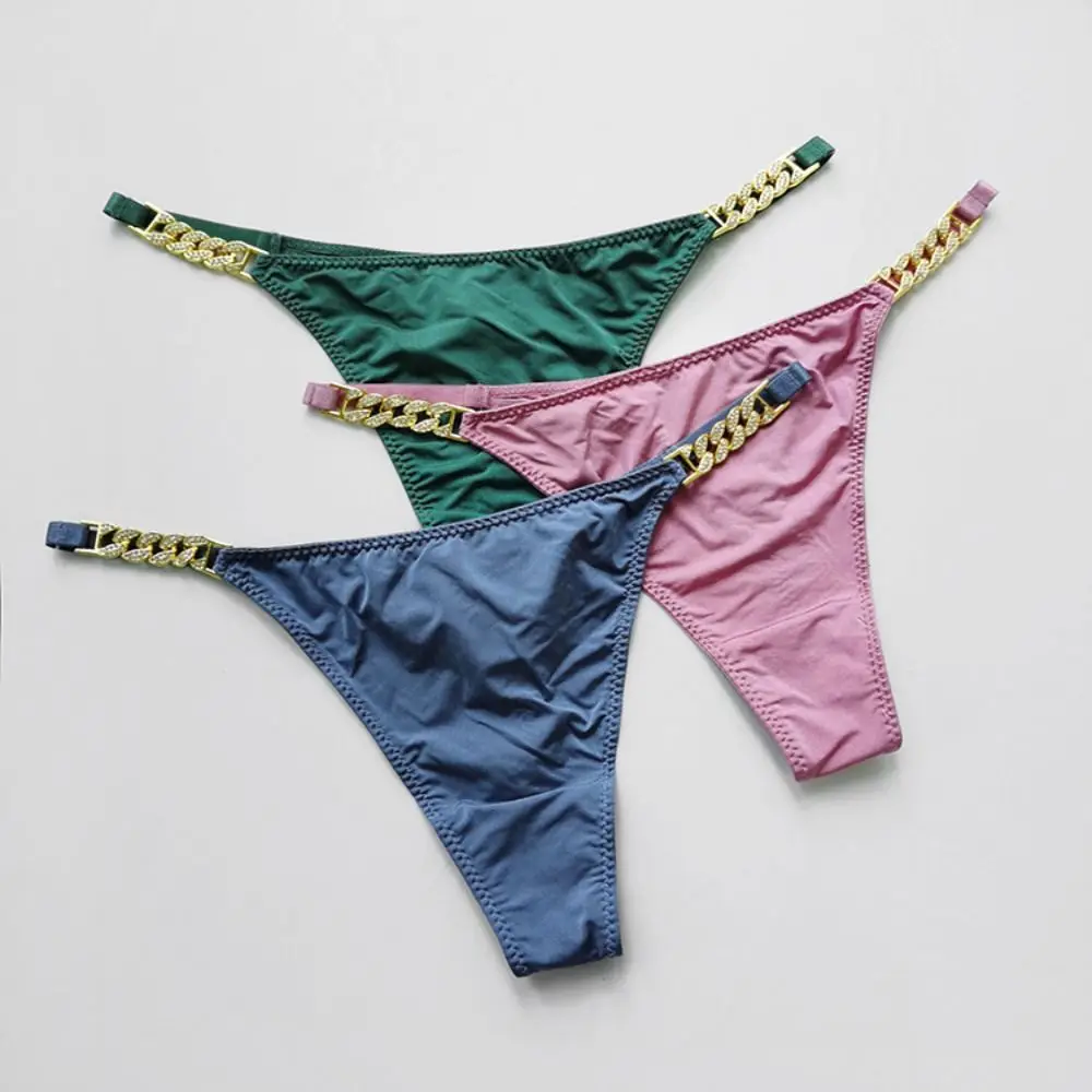 Lingeries Simple Low Waist Thong Hip Lift Women Ice Silk Panties Korean Underwear Metal Chain Diamond Briefs Hollow Out