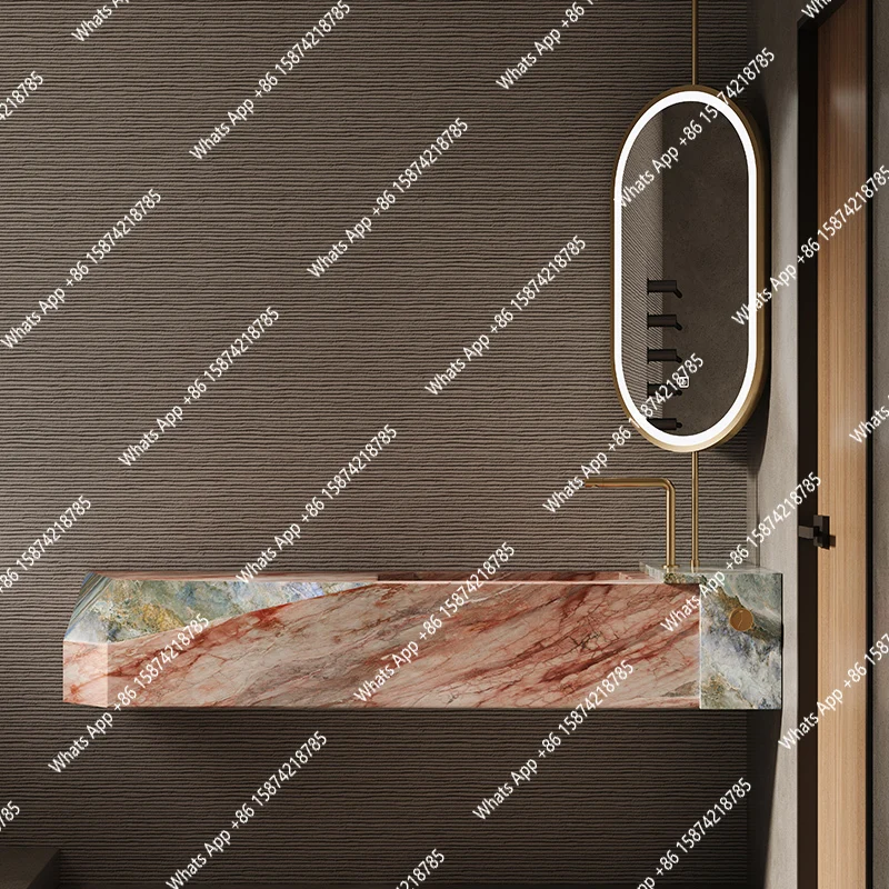 Floating pink luxury stone slab integrated seamless basin bathroom light luxury high-end customized sink