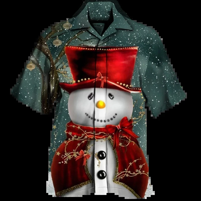 New Year Christmas Men Hawaiian Shirt Xmas Santa Claus Casual Short Sleeve Lapel Tops 3D Print Holiday Party Merry Y2k Blouse