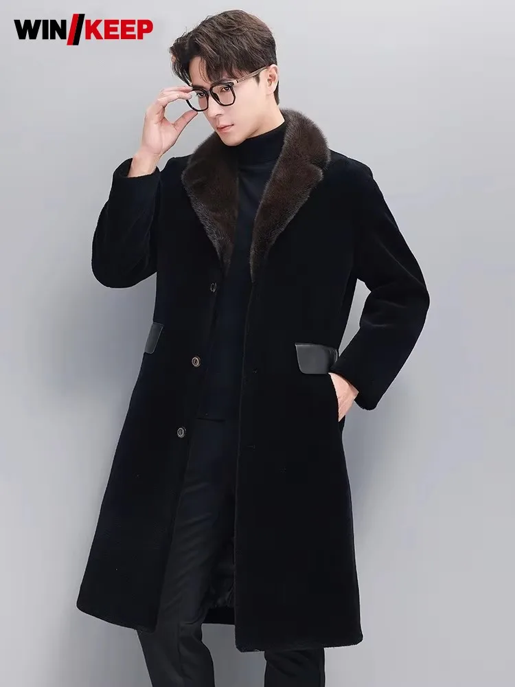 

Business Casual Winter New Mens Real Wool Long Coat Lapel Single Breasted Warm Down Jacket Fashion Men Sheep Shearing Overcoat