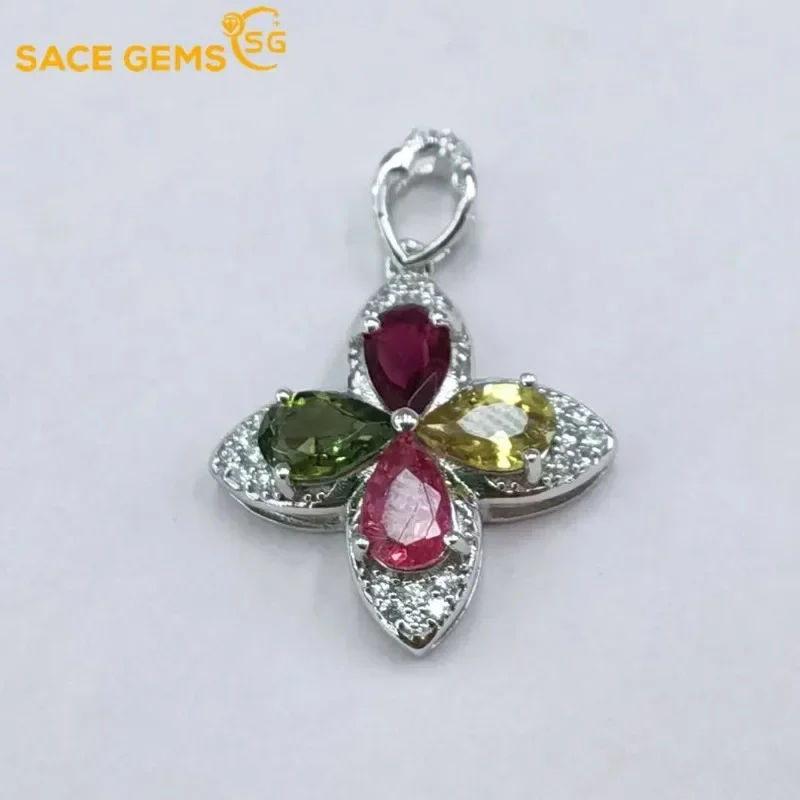 

SACE GEMS Certified 925 Sterling Silver 4*6MM Natual Tourmaline Pendant Necklace for Women Engagement Cocktail Party Fine Jewelr