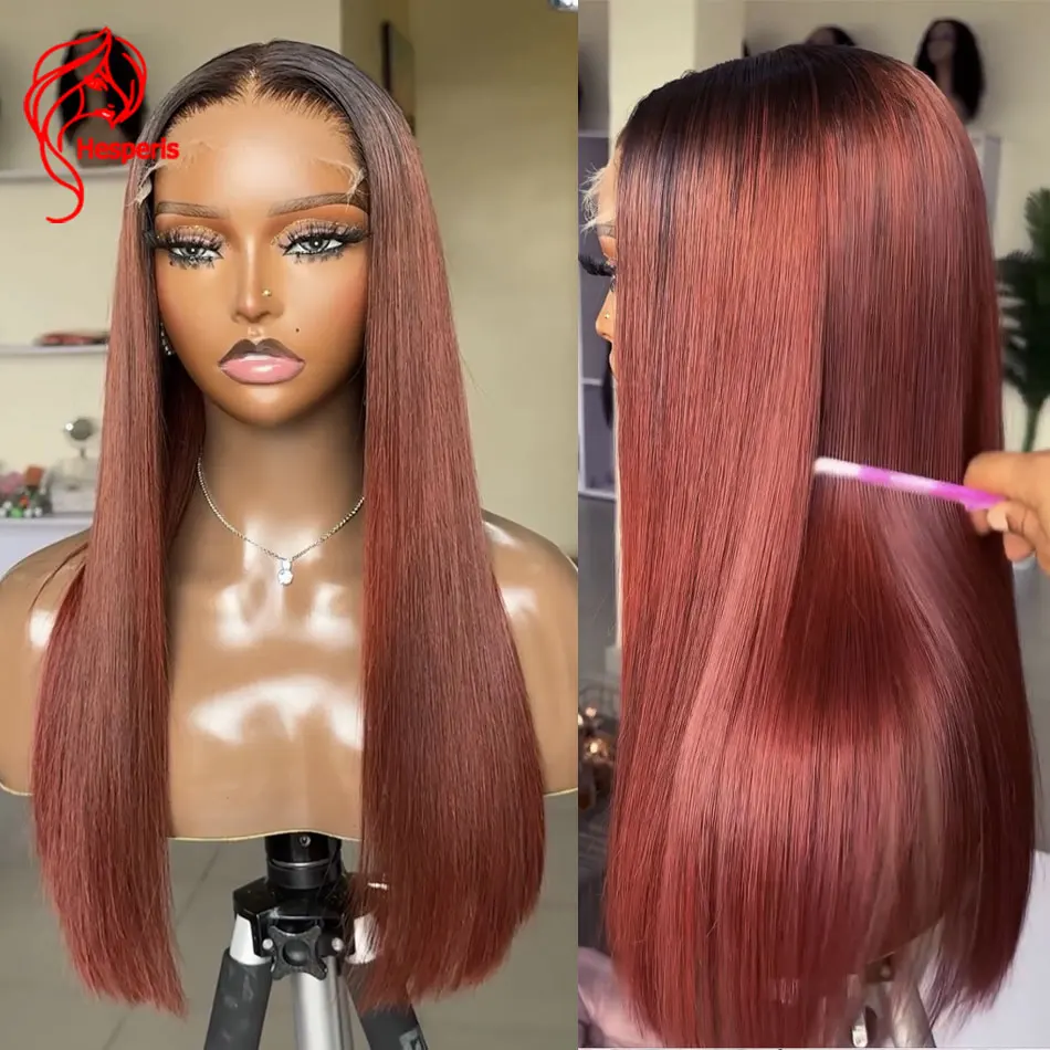 Hesperis Silky Straight Dark Ginger Brown 13x6 Lace Frontal Wig Remy Hair Ombre Lace Front Wig PrePlucked Transparent Lace Wig