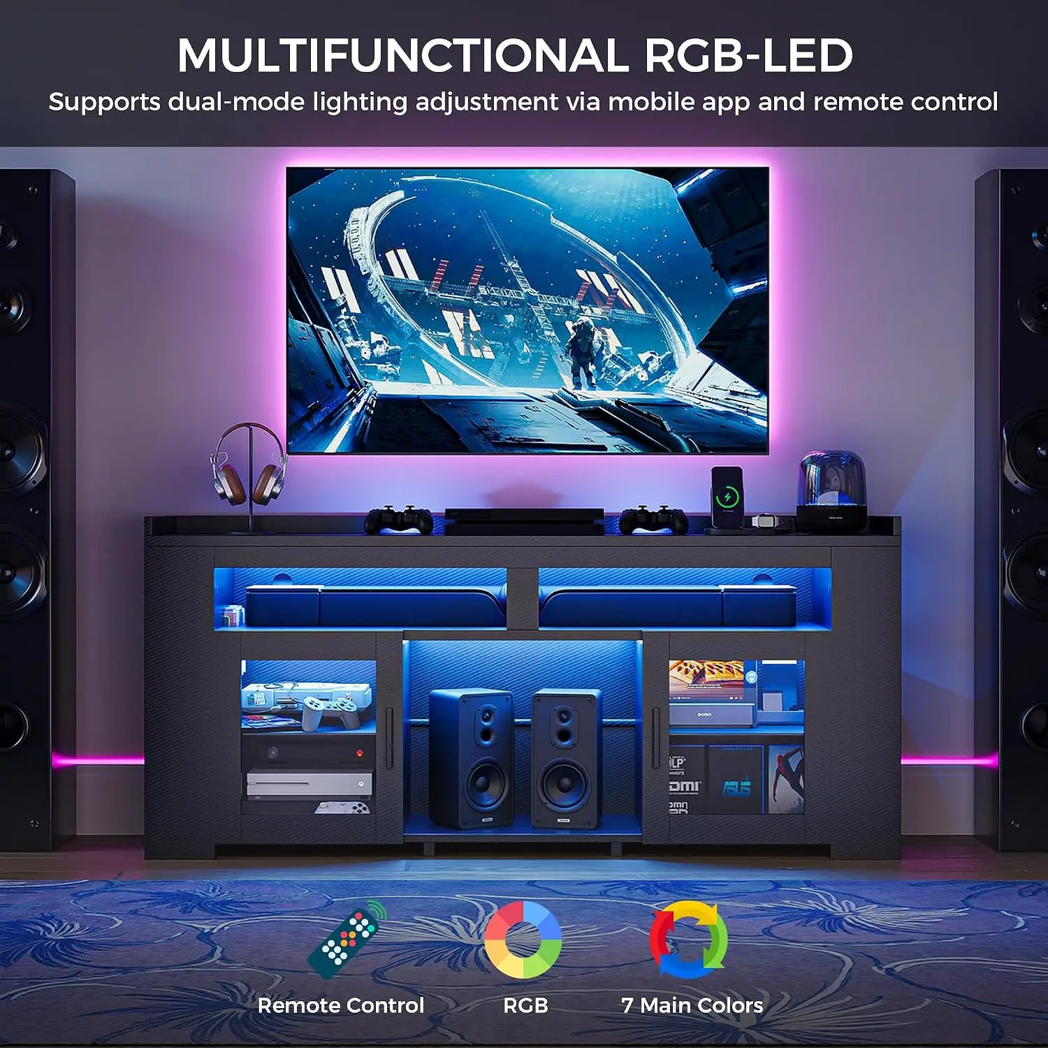 TV Stand with Charging Station & LED, Carbon Fiber Media Console with Glass Shelves & 2 Doors for Customize