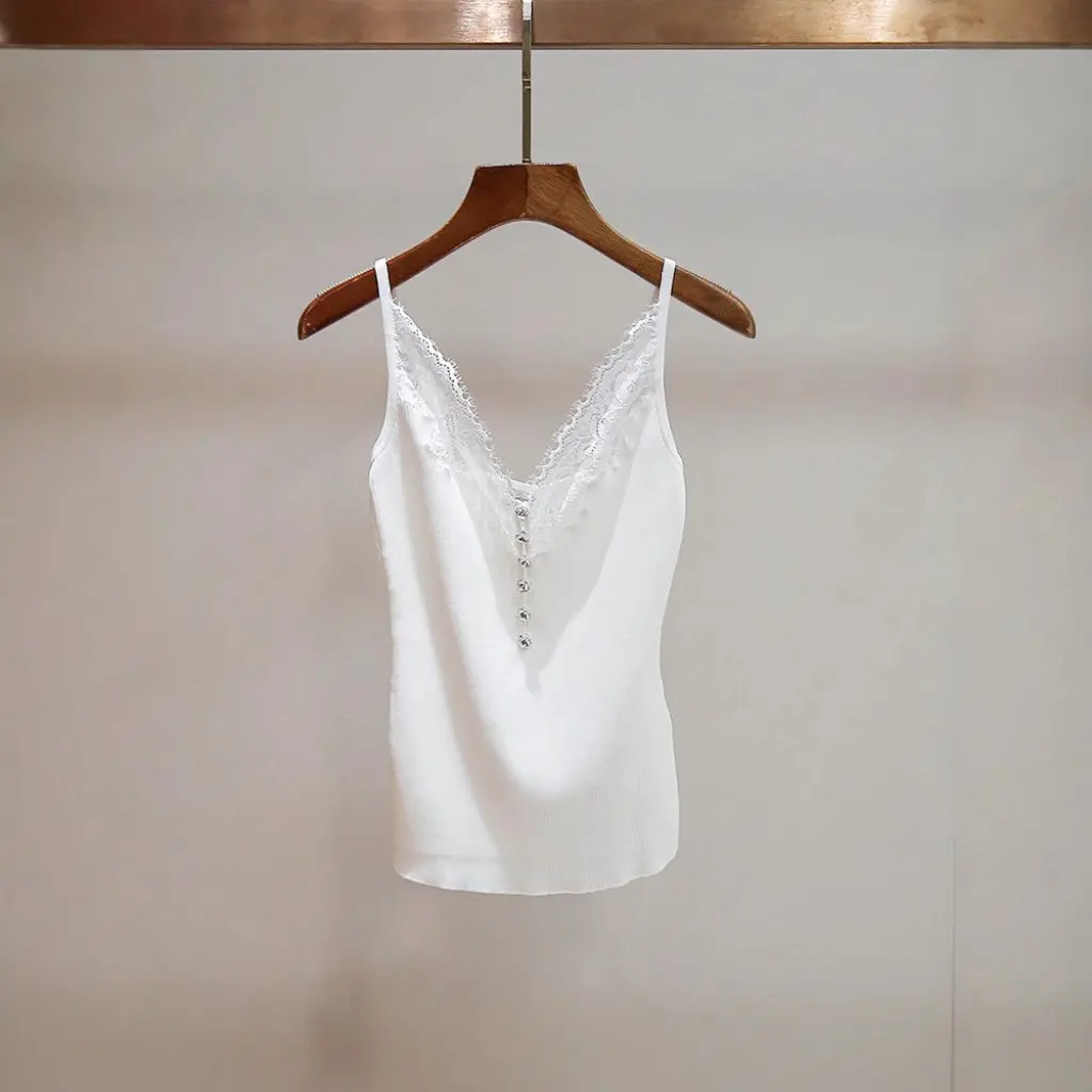 

Sp Home Slim Fit Base Knit Vest Women's Summer French Style Sexy Lace Patchwork Rhinestone Button Camisole