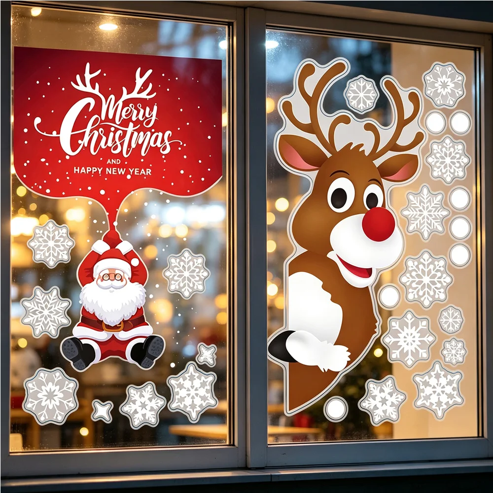 Weihnachts-Fensteraufkleber Weihnachtsmann Rentier Schneeflocke Statische Fensterfolien Frohe Weihnachten Glasdekorationen Neujahrsparty-Dekorationen