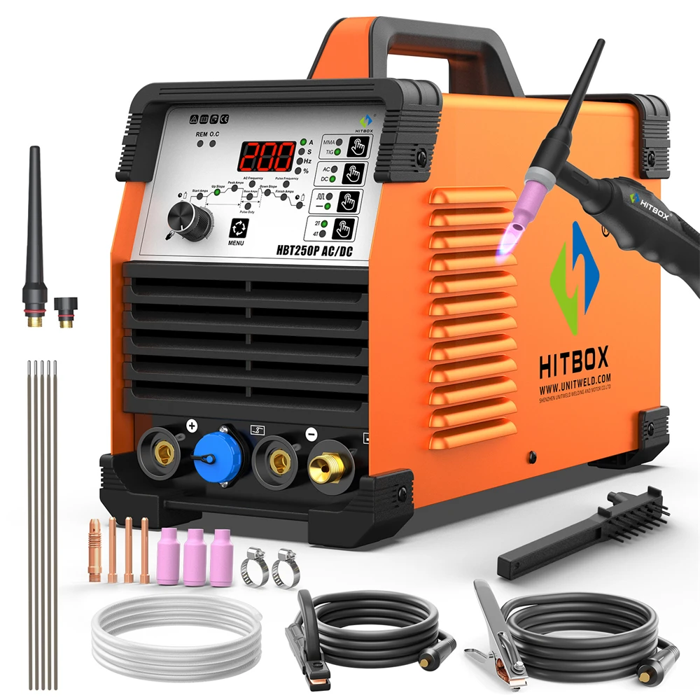 HITBOX HBT250P AC/DC Aluminium TIG-Schweißgerät 200 Ampere 220V 6-in-1 Argon-Lichtbogen-Puls-HF-TIG-MMA-Stick-IGBT-Inverter-Schweißmaschine 2T/4T Digitalanzeige für Edelstahl, Kupfer,