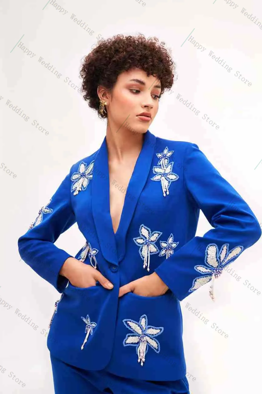 Luxury Blue Women Suit Pants Set 2 Piece Blazer+Trousers Beaded Flower Formal Office Lady Customized Wedding Tuxedos Prom Coat